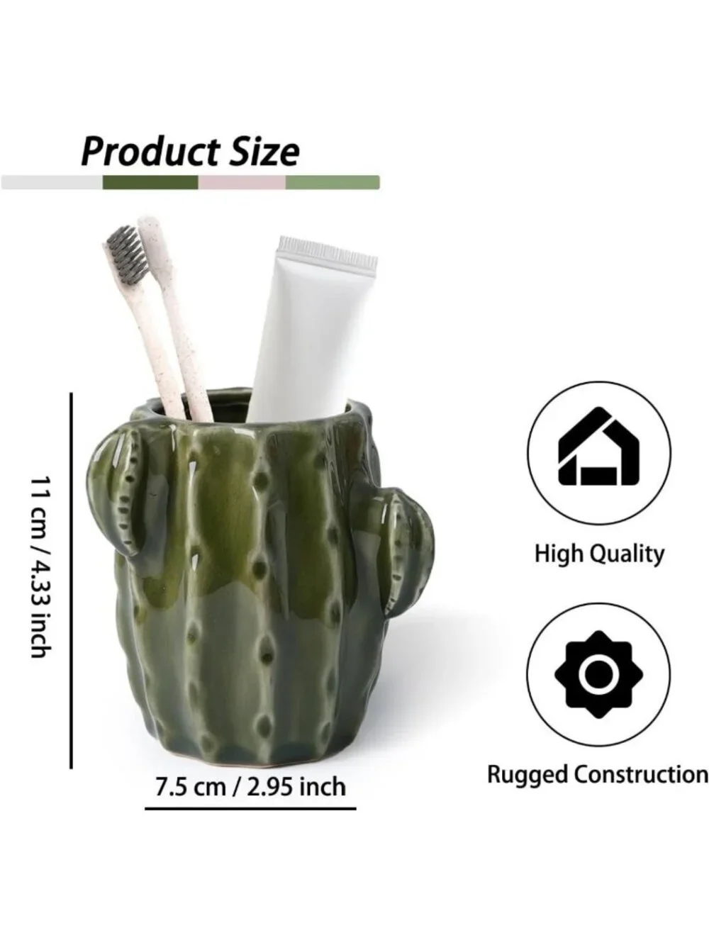 Green Ceramic Cactus Toothbrush Holder - Fun Western Bathroom Decor Accent